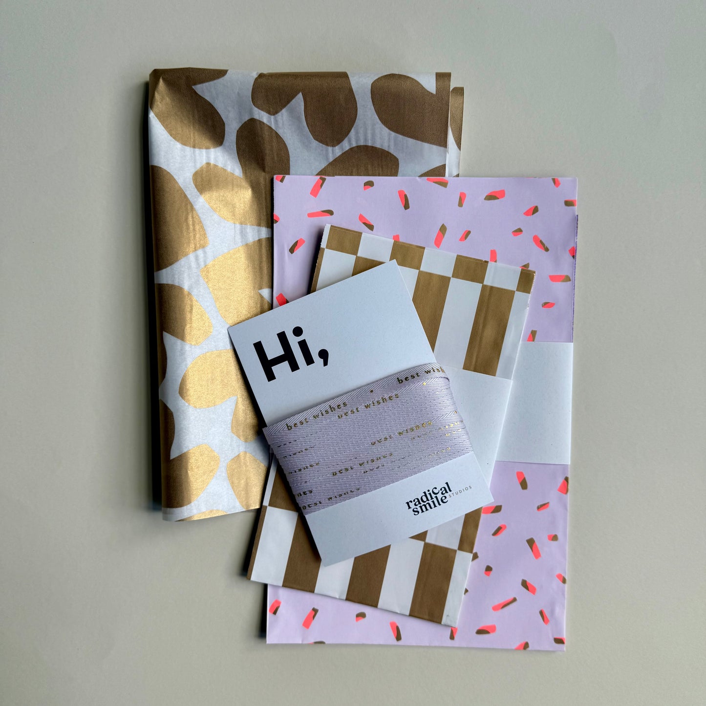 Geschenkband - best wishes, flieder, gold